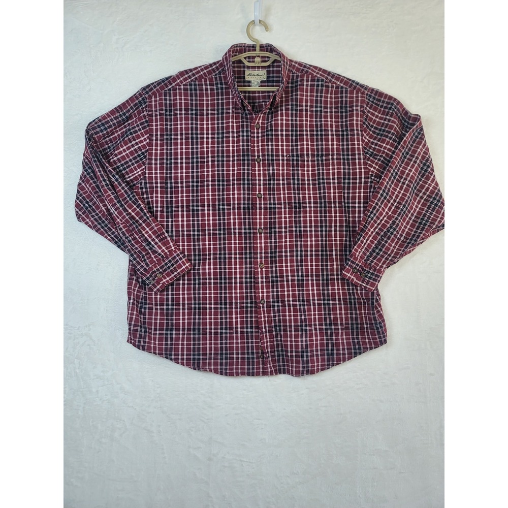 Vtg Eddie Bauer Plaid Button Down Shirt Heritage Burgundy Navy Cotton 2X Rustic